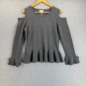 Qi Cashmere Cold Shoulder‎ Ruffle Cuff Peplum Sweater Pullover Gray Size Large
